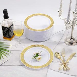 Juego de vajilla desechable de lujo para 25 invitados, diseño de encaje de oro blanco ecológico, incluye taza de 9oz, plato para pastel de postre, borde dorado gratis - Product Image 2