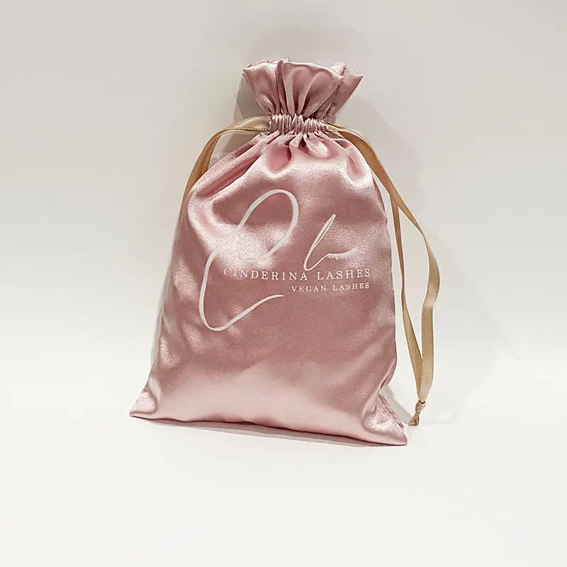 Bolsa de seda satinada de lujo personalizada, bolsa de pelo antipolvo con cordón, con estampado de logotipo, venta al por mayor