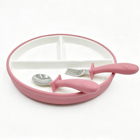 Nouvelle Arrivée Vaisselle en Porcelaine pour Enfants Assiette et Bol en Céramique Rond avec Manchon en Silicone et Base Ventouse pour Bébés et Tout-Petits