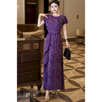 Gaun Panjang Wanita Model Siluet Swing Ramping Berbahan Jacquard Motif Bunga Berhias Manik-Manik Gaya Retro Dewasa Elegan dengan Kontrol Pinggang