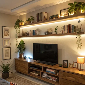 Étagère TV <span class=keywords><strong>flottante</strong></span> en <span class=keywords><strong>bois</strong></span> foncé, style rustique, éclairage chaleureux, décoration en <span class=keywords><strong>bois</strong></span>, grand rangement, banc TV avec supports métalliques - Product Image 3