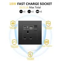 Enchufe de Pared Negro UK 13A con Puerto USB Tipo C de Carga Rápida de 18W, Tomacorriente de Pared con Cargador USB, Interruptor con Enchufe