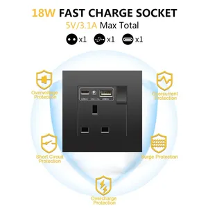 Black UK 13A Wall Socket <strong>with</strong> USB Type C 18W Quick Charge <strong>Plug</strong> Socket,Wall Power Outlet <strong>with</strong> USB Charger, <strong>Switch</strong> <strong>with</strong> Socket - Product Image 2