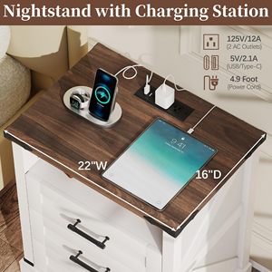 SENYU Modern Farmhouse Wooden Bedroom <b>Storage</b> Cabinet <b>Side</b> <b>Table</b> Hidden <b>Storage</b> Compartments LED Lighting Charging - Product Image 5