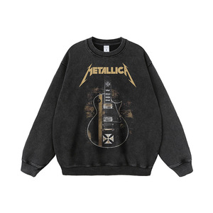 Cross-Border Rock Guitar <b>Printed</b> Winter Hoodie Vintage Washed Heavy Cotton 400g+ Loose Crew Neck Men's Long-Sleeve - Product Image 2