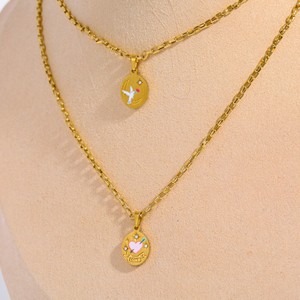 <span class=keywords><strong>Collana</strong></span> con Ciondolo a Fiore Colorato Rotondo, Placcata in Oro, Acciaio Inossidabile Inciso con Stella, Cuore e Colomba della Pace per Donne - Product Image 6