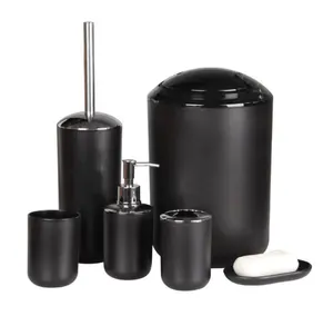 Custom Modern 6 Piece Black Plastic Bathroom Accessories Set Soap Dispenser Toothbrush Holder Toilet Bathroom Setom set