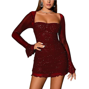 Mini <span class=keywords><strong>abito</strong></span> da donna in <span class=keywords><strong>Tulle</strong></span> a maniche lunghe con paillettes Sexy e scintillante in Mesh plissettato - Product Image 2