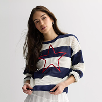 Pull en maille vintage pour femme, style preppy, rayé bleu et blanc, col rond, broderie florale, manches longues, anti-boulochage, anti-plis, 100%
