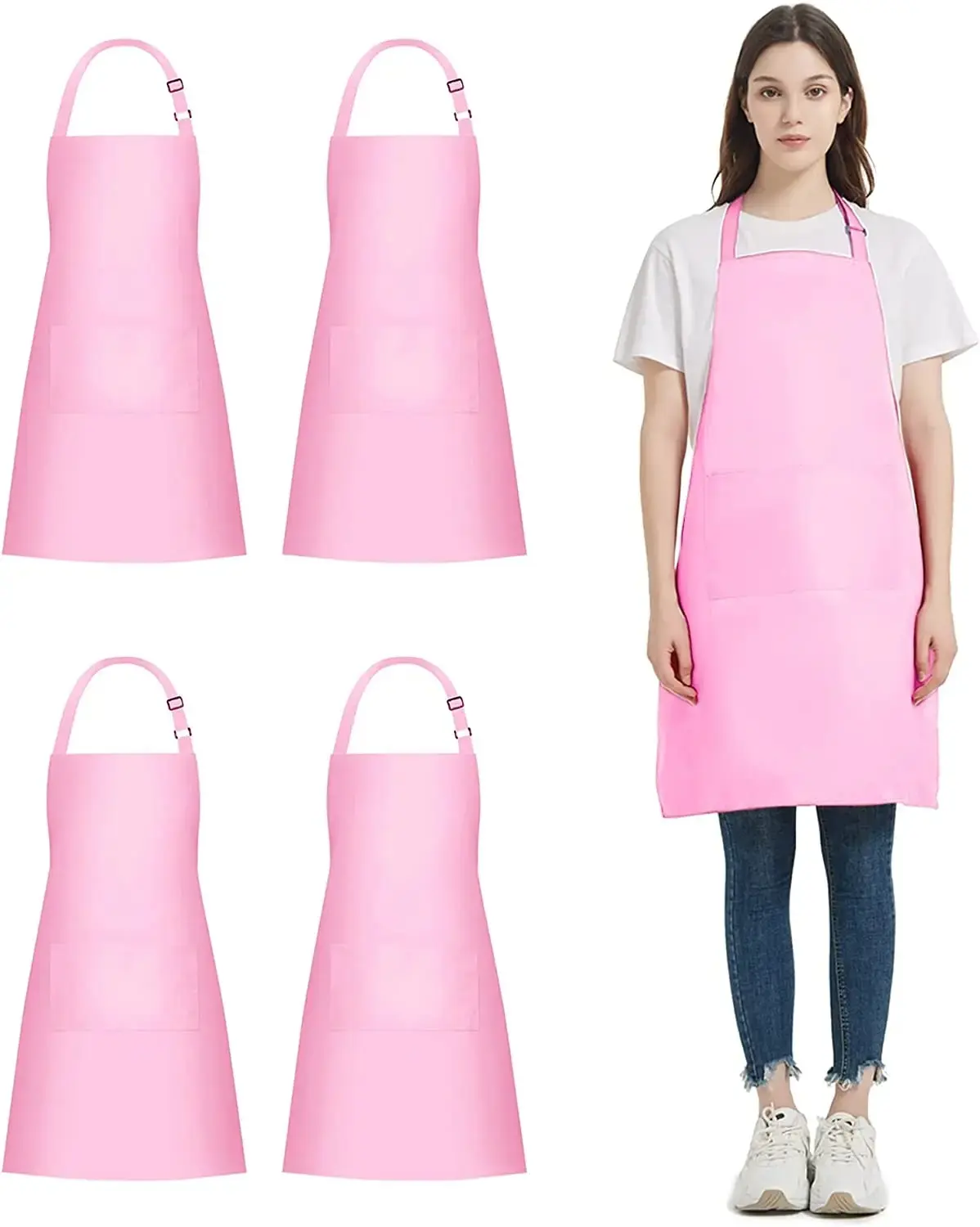 2024 nuevo logotipo personalizado mujeres adultas cocina Rosa poliéster algodón delantal con bolsillo