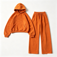 Conjunto de 2 piezas de sudadera con capucha corta y pantalones acampanados estilo vintage lavado, chándal oversize, traje de streetwear en blanco para logotipo personalizado, venta al por mayor