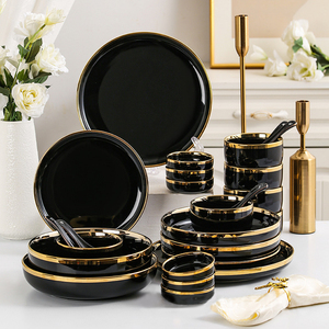 Electroplated Gold Trim Tableware <b>Set</b> FDA-Certified Matte Ceramic <b>Dinnerware</b> Collection 12pc Customizable Hotel & Home Service - Product Image 1