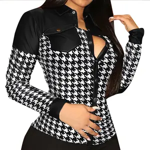 Casual Buttoned Long Sleeve Mock Neck Skinny Blouse Office Lady Outfits PU Leather Button Down Women's Club Shirts