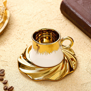 Turkish Coffee <strong>Cup</strong> <strong>Set</strong> of 6 with Saucers &amp; Tray - Luxury Arabic Greek Japanese Golden Ceramic Tea <strong>Cups</strong> for Espresso - Product Image 4