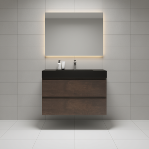 Walnut Floating Bathroom Vanity 36 Inch Wall Mounted Modern One Piece With Black Basin And Drain Faucet <b>Large</b> Storage - Product Image 2