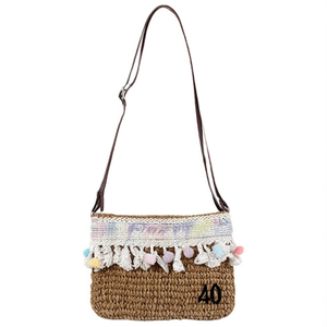 Bolso Bandolera de Papel Tejido con Flecos y Pompones de Flores Pequeñas, 25x17cm, Bolso de Hombro para Mujer - Product Image 1