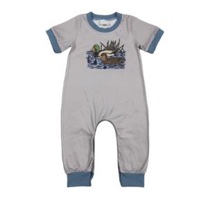 Combinaison courte à manches courtes pour bébé fille, motif canard gris, coton et élasthanne, confortable, décontractée, vente en gros ODM, SR3682 - Product Image 1