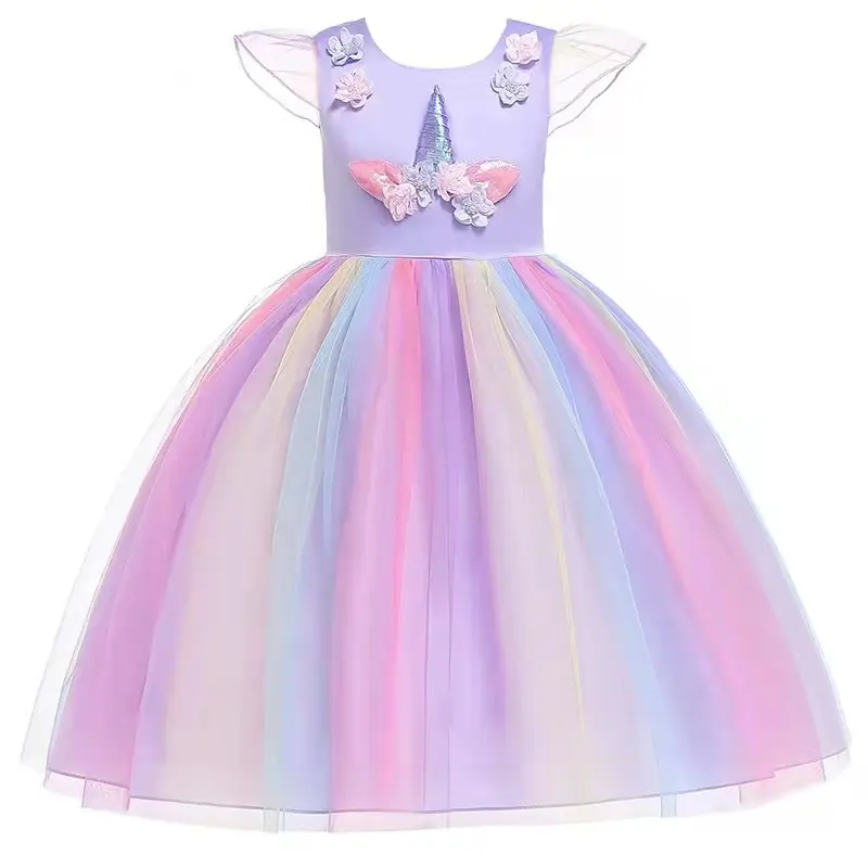 Kinderen Prinses Jurk Netto Garen Eenhoorn Christmas Elegant Crew Hals Baby Meisjes Dressdress Party Outfit Voor Kinderen