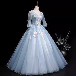 Light Blue V-neck Chiffon Ball Gown Dress With Floral Embroidery Empire Waistline For Evening Events - Product Image 2