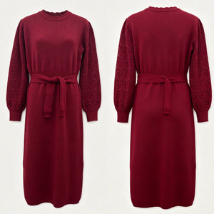 <span class=keywords><strong>Abito</strong></span> Midi <span class=keywords><strong>in</strong></span> <span class=keywords><strong>Maglia</strong></span> <span class=keywords><strong>Bordeaux</strong></span> da Donna con Maniche Lunghe a Sbuffo, Dettagli Traforati, Cintura <span class=keywords><strong>in</strong></span> Vita e Spacco sull'Orlo – Elegante <span class=keywords><strong>Abito</strong></span> Lavorato a <span class=keywords><strong>Maglia</strong></span> per Ospiti di Matrimonio - Product Image 4
