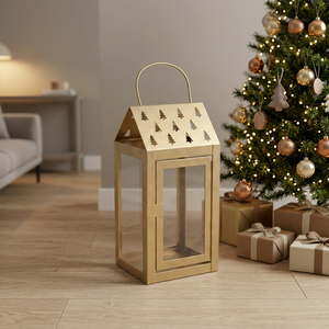 2026 Latest <b>Christmas</b> Collection <b>Gold</b> Metal Candle Lantern with <b>Tree</b> Cutouts for Home Decoration - Product Image 6