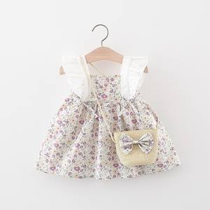 1454 filles été jupe florale robe nouveaux vêtements pour enfants avec décoration en dentelle pour la plage vient bambou panier sac à bandoulière - Product Image 2