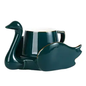 Taza de té y platillo de cerámica de cisne creativo, taza de café verde, blanca y negra con juego de platillos, juego de tazas de café expreso para regalo
