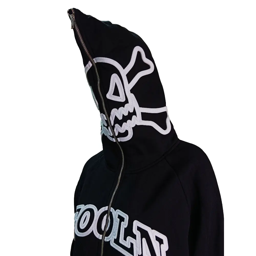 Hot Sale Street Style Black Zipper Hoddie Over Face Fleece Full Zip Hoodie Sweatshirt 3D Logo Applique Zip Up Hoodie
