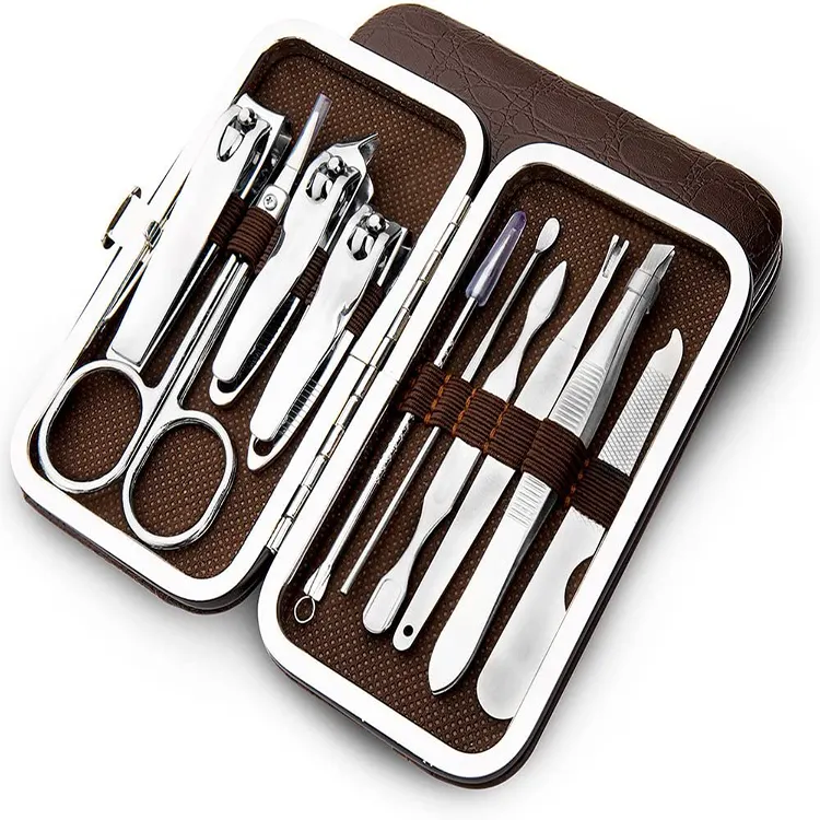 Wholesale 10pcs Nail Clipper Ear Pick Grooming Kit Manicure Pedicure Toe Nail Art Tools Set with Leather Case