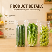 Sacs d'emballage respirants transparents de qualité alimentaire pour produits frais, personnalisés en BOPP, auto-adhésifs et ventilés pour légumes