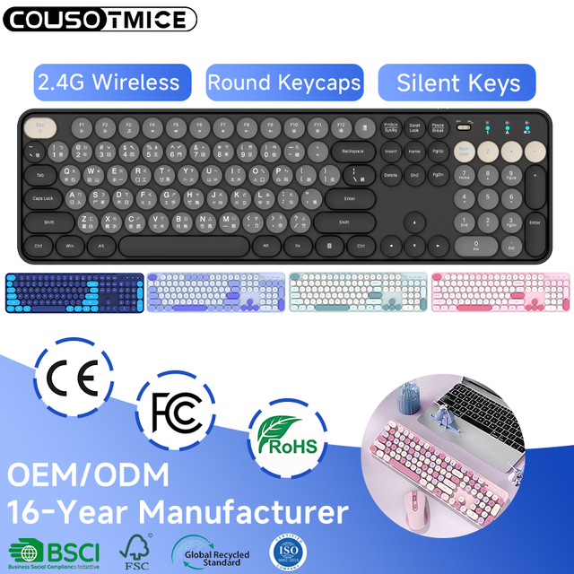 Retro Wireless Keyboard for Computer, Desktop, Laptop Ergonomic Typewriter Cute Pink Wireless Keyboard with Round Keycaps