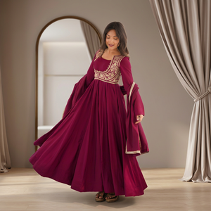 Women Rayon Embroidered Anarkali Suit Dupatta Set Maroon Floral Border Party <b>Wedding</b> Outfit For Women Wear - Product Image 1
