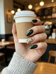 Uñas Postizas Green Leaf, Forma Cuadrada Mediana, Base <span class=keywords><strong>Verde</strong></span> Oscuro y Crema, Diseño de Ramas Pintadas a Mano, Puntas de Uñas Reutilizables - Product Image 4