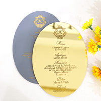 Tarjetas de menú acrílicas con espejo dorado ovalado con texto grabado, menús acrílicos cortados con láser PARA CENA DE BODA DIY de lujo