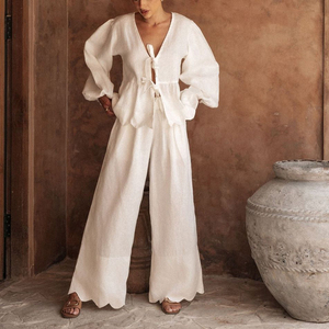 Set di camicette e pantaloni da <span class=keywords><strong>donna</strong></span> in cotone 2025 stile bianco Chic - Product Image 2