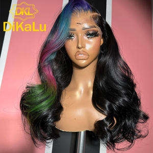 Peluca de Cabello Humano Virgen Remy con Reflejos Azul y Rosa para Mujer, con Frente de Encaje Transparente, 30 Pulgadas, Ondulado, Corto - Product Image 1