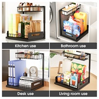 Organisateur sous évier à tiroir coulissant, étagère de rangement métallique à 2 niveaux, support pour accessoires de cuisine et produits de nettoyage