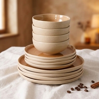 Service de table en céramique EKA, 12 pièces, glaçure réactive, design artisanal moderne, assiettes et bols mouchetés orange, compatible lave-vaisselle