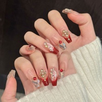 Faux Ongles à Presser pour Femme, Rouge Doré, Fleur, Cristal, Rubis, Perle, 3D Brillant, Longs Forme Cercueil, Style Royal Gem Glamour