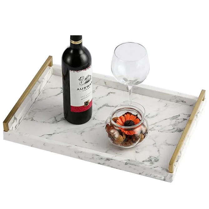 Free Sample Home Decoration Rectangle White Marble Serving Trays with Gold Metal Trays