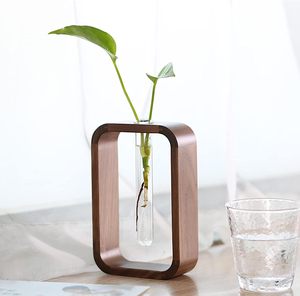 Vase en verre tube à essai vase hydrophile plante porte-plante cadre en bois de noyer support de fleurs bureau jardin bonsaï décoration - Product Image 3