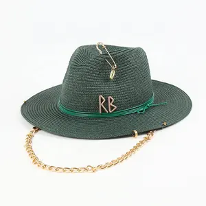 Women Fashion Retro Paper Braid Straw Panama Hat with Metal Words Pin Ring and Chain Chin Strap