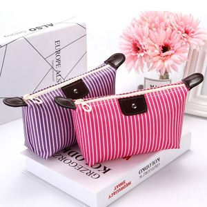 Women Striped Foldable Handbag Toiletry Cosmetic Portable Storage Bag Dumpling Clutch Bag Zipper <b>Purse</b> Large Capacity - Product Image 4