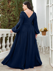 מזדמנים בתוספת שרוול פנס מפוצל, ירך שמלת שושבינה שמלת שושבינה שרוול ארוך אלגנטי עם רקום - Product Image 5