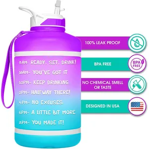 Botol air plastik motivasi bebas Bpa, botol air olahraga ekstra Super besar tahan bocor bebas Bpa dengan penanda waktu 128Oz