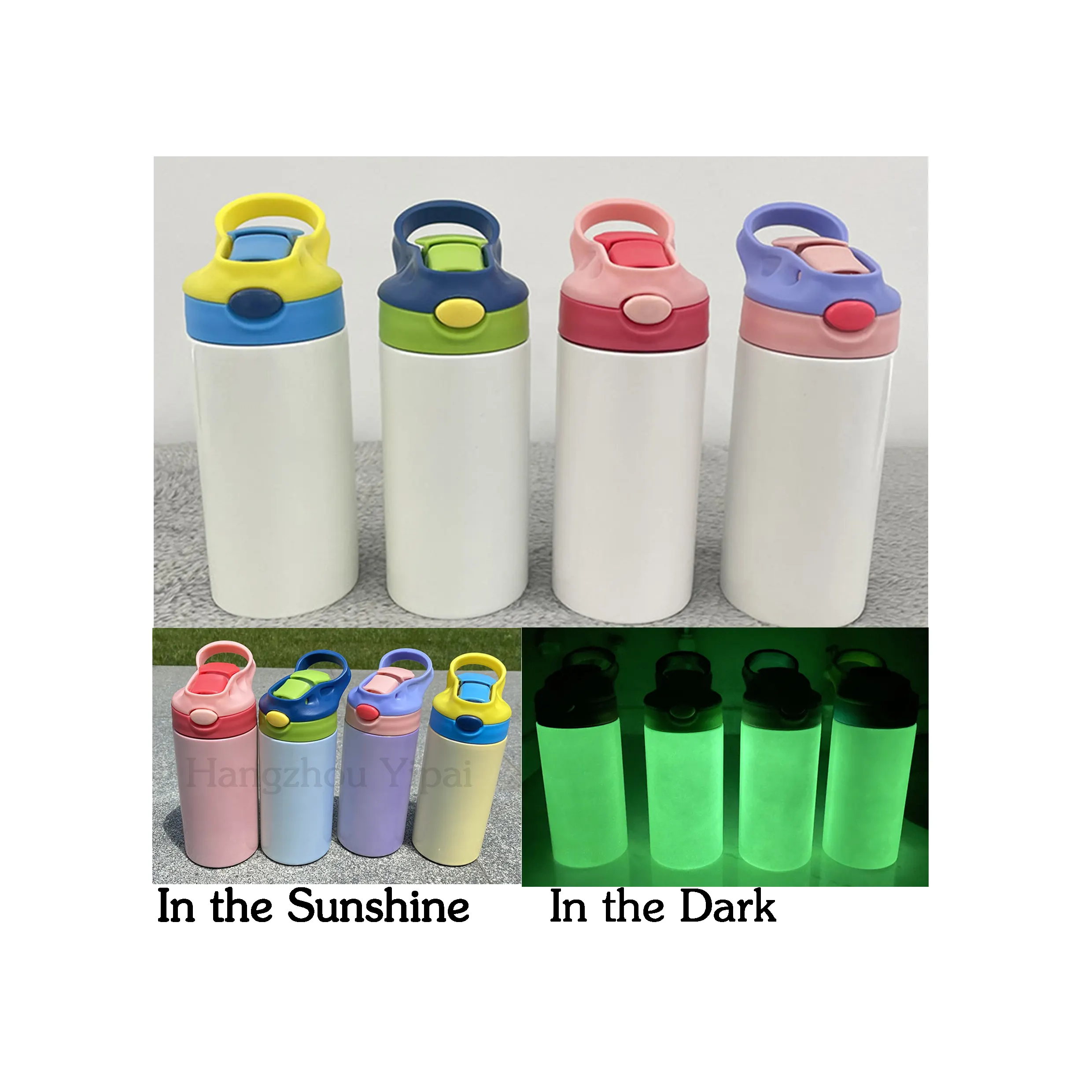 अद्वितीय डिजाइन यूवी रंग परिवर्तन अंधेरे में चमक के लिए बच्चों की बोतल डबल दीवार स्टेनलेस स्टील बच्चों को पानी गिलास रिक्त उच्च बनाने की क्रिया
