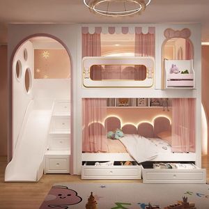<span class=keywords><strong>Lit</strong></span> <span class=keywords><strong>superposé</strong></span> moderne sur le thème de la princesse pour enfants avec toboggan, escalier de rangement, tiroirs, bibliothèque, bureau, meubles de chambre d'enfant pour fille - Product Image 2