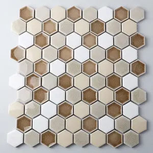 China Foshan Manufacturer Kitchen Backsplash Bathroom Shower Accent Crackle Mixed Glossy Glazed Hexagonal Mosaic Wall Tiles