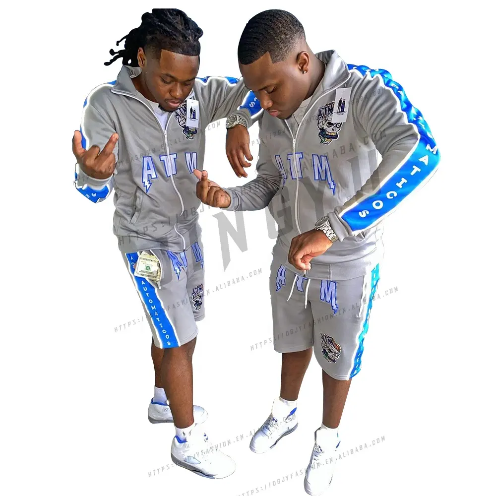 Newest Customized Sweat Suit Men shorts Jogging Sports reflect Sweatsuit Suits Wholesale side stripes reflective tracksuits