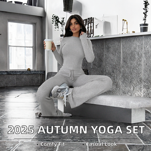 2025 <span class=keywords><strong>donna</strong></span> autunno sport Yoga Set a maniche lunghe <span class=keywords><strong>pantaloni</strong></span> svasati e Top corto Slim Fit tinta unita tinta unita <span class=keywords><strong>tuta</strong></span> sportiva a due pezzi - Product Image 2